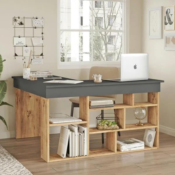 Bureau d'angle gris décor bois à niches de rangement MARFA