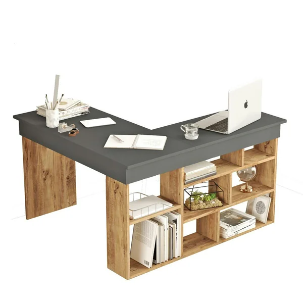 Bureau d'angle gris décor bois à niches de rangement MARFA