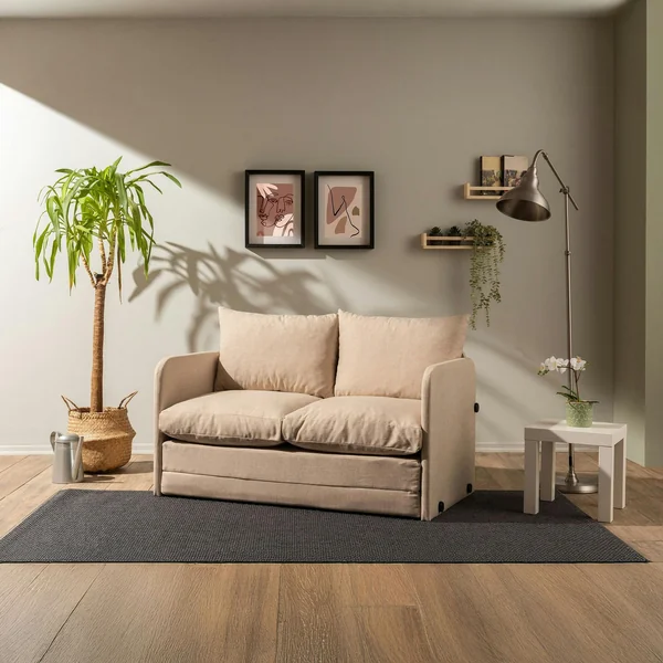 Canapé-lit d'appoint beige 2 personnes, tissu lin ORURO
