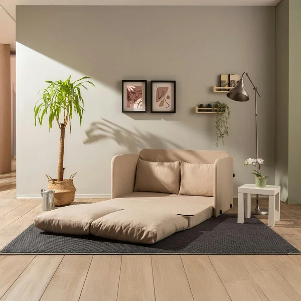 Canapé-lit d'appoint beige 2 personnes, tissu lin ORURO