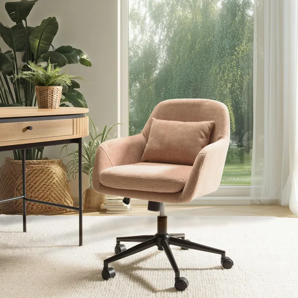 Chaise de bureau à roulettes en tissu rose dossier carré SORANO
