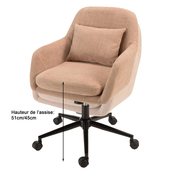 Chaise de bureau à roulettes en tissu rose dossier carré SORANO