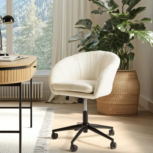 Chaise de bureau à roulettes en tissu écru dossier arrondi SORANO