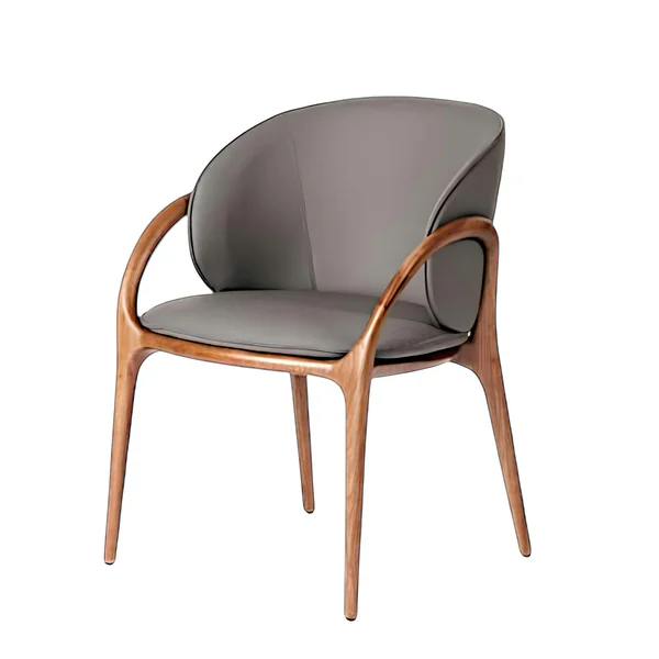Chaise en cuir gris foncé dos rond accoudoirs bois brun ALDER