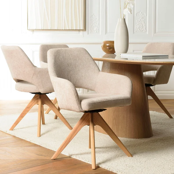 Chaise pivotante beige dossier droit - pieds bois LINEA
