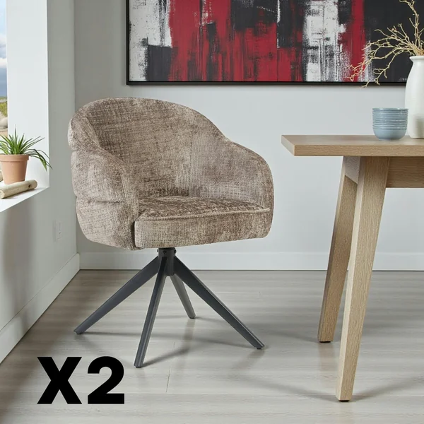 Chaise pivotante tissu marron chenille pied noir (x2) CORTINA