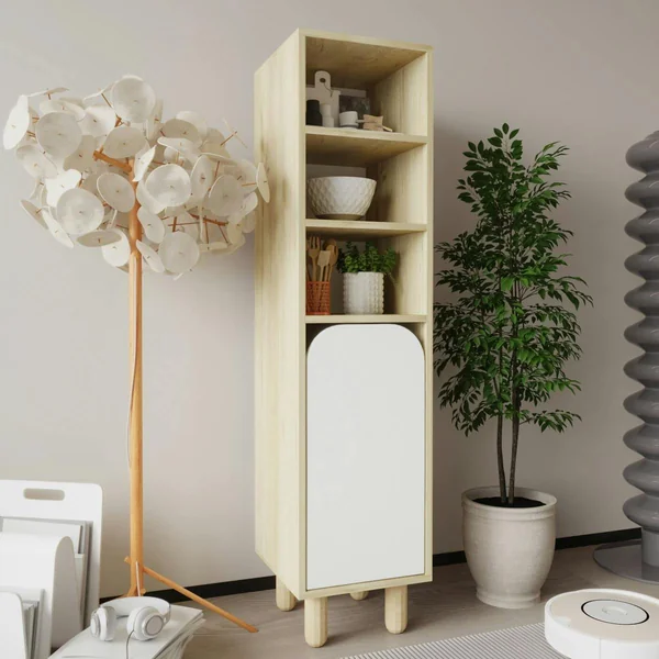 Colonne de rangement effet bois, 1 porte blanche courbe VAREN