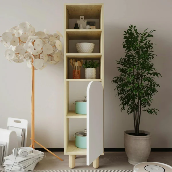 Colonne de rangement effet bois, 1 porte blanche courbe VAREN