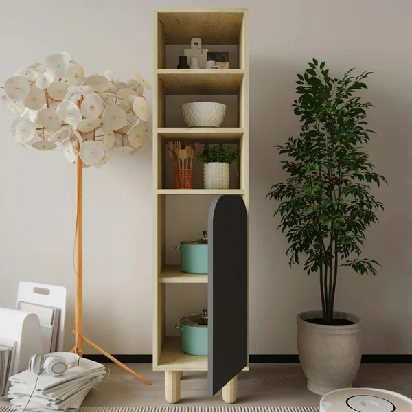 Colonne de rangement effet bois, 1 porte grise courbe VAREN