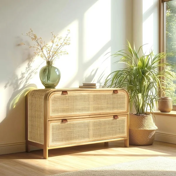 Commode forme arrondie en mindi et rotin naturel 2 tiroirs TIVARO