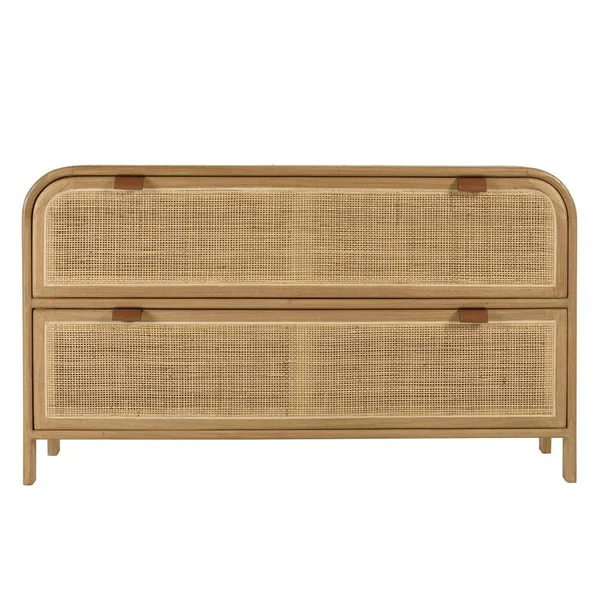 Commode forme arrondie en mindi et rotin naturel 2 tiroirs TIVARO