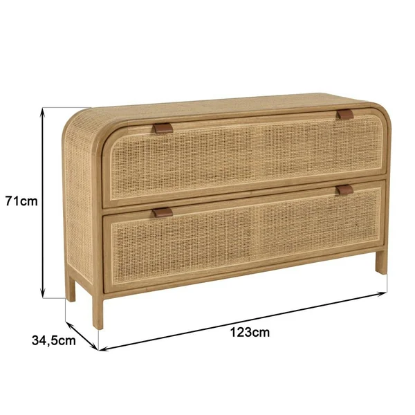 Commode forme arrondie en mindi et rotin naturel 2 tiroirs TIVARO