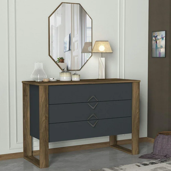 Commode grise moderne 3 tiroirs, miroir assorti MARFA