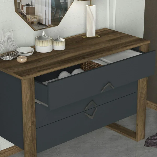 Commode grise moderne 3 tiroirs, miroir assorti MARFA