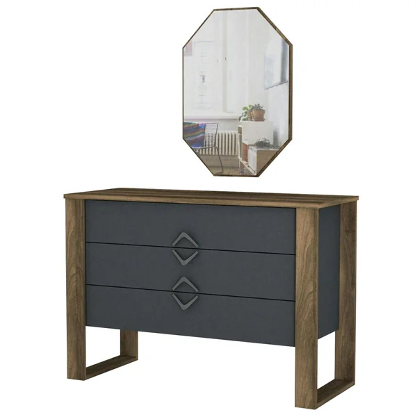 Commode grise moderne 3 tiroirs, miroir assorti MARFA