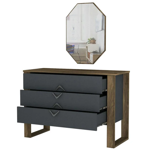 Commode grise moderne 3 tiroirs, miroir assorti MARFA