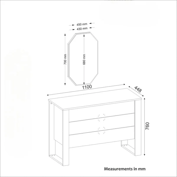 Commode grise moderne 3 tiroirs, miroir assorti MARFA