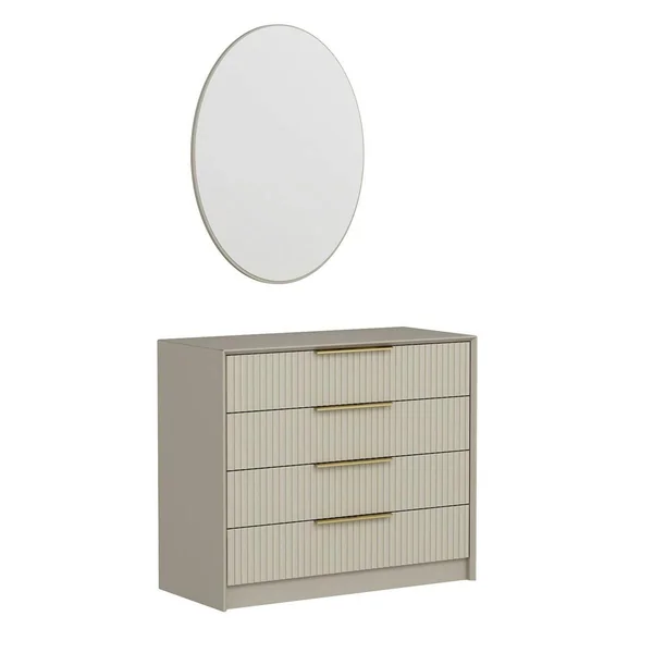 Commode moderne beige 4 tiroirs, miroir assorti BYRON