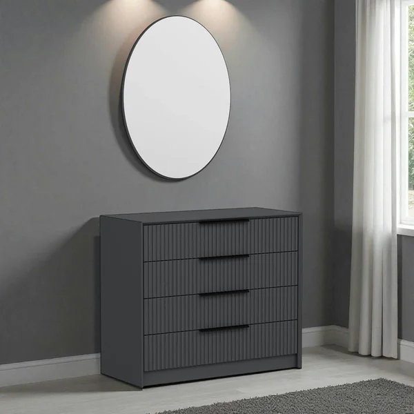 Commode moderne grise 4 tiroirs, miroir assorti BYRON