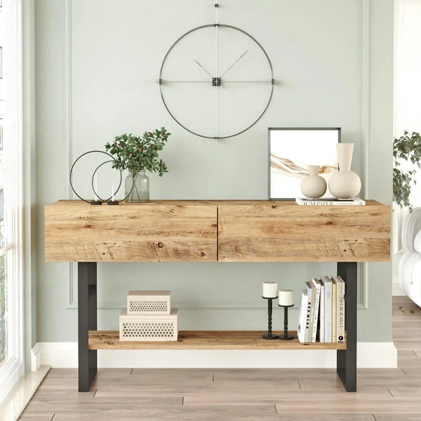 Console rustique chic décor bois clair 2 tiroirs JENA
