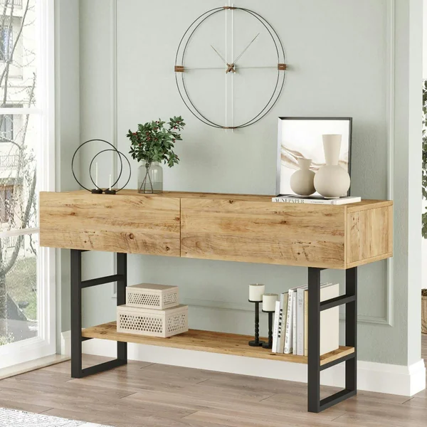 Console rustique chic décor bois clair 2 tiroirs JENA