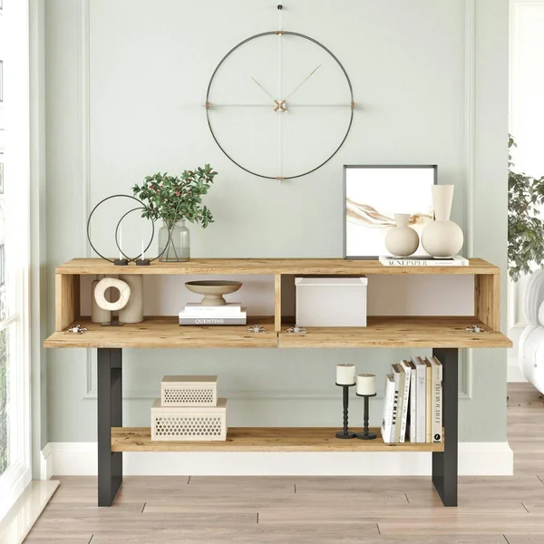 Console rustique chic décor bois clair 2 tiroirs JENA