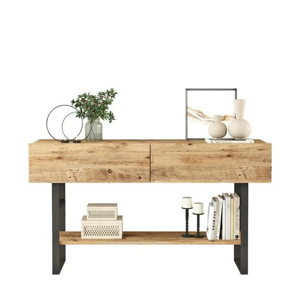 Console rustique chic décor bois clair 2 tiroirs JENA
