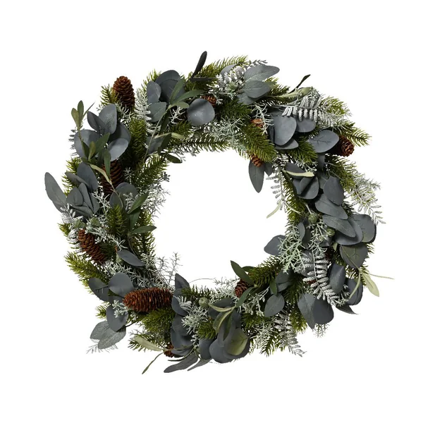 Couronne vert argent en eucalyptus et pommes de pin - Ø 40 x H 8 cm