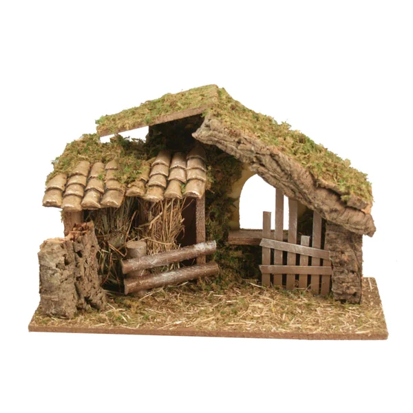 Crèche vide en bois et liège avec tuiles et barrière 42 x 18 x 28 cm