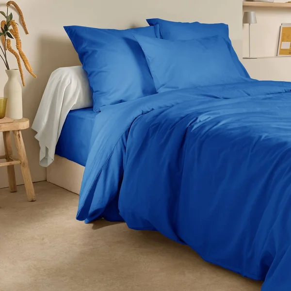 Drap housse coton lin Valentine - Bleu Solaire - 180 x 200 cm