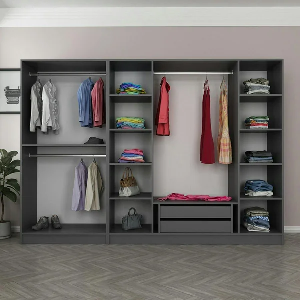 Dressing 6 portes grises rainurées 3 penderies BYRON