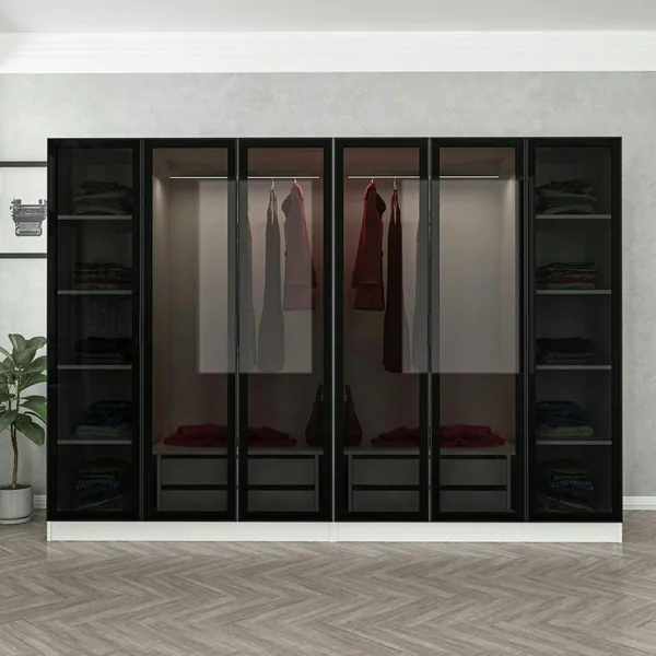 Dressing design 6 portes en verre noir & cadre blanc BYRON