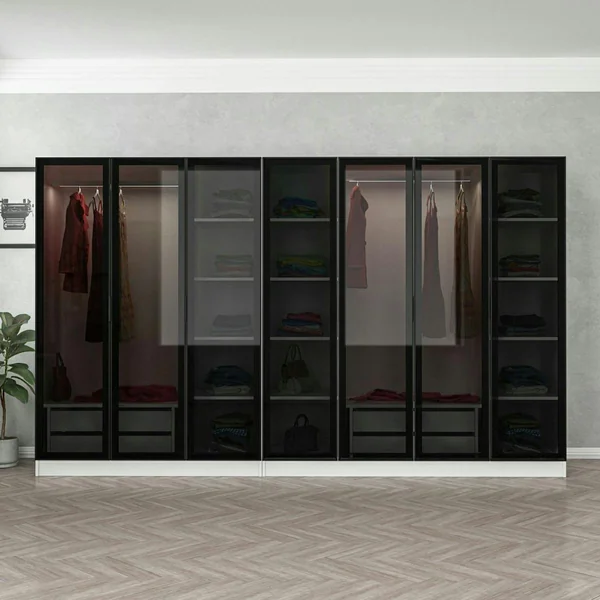 Dressing design 7 portes en verre noir et cadre blanc BYRON