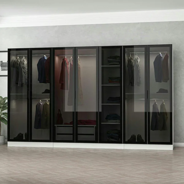 Dressing XXL 5 penderies, blanc & verre noir 190 cm BYRON