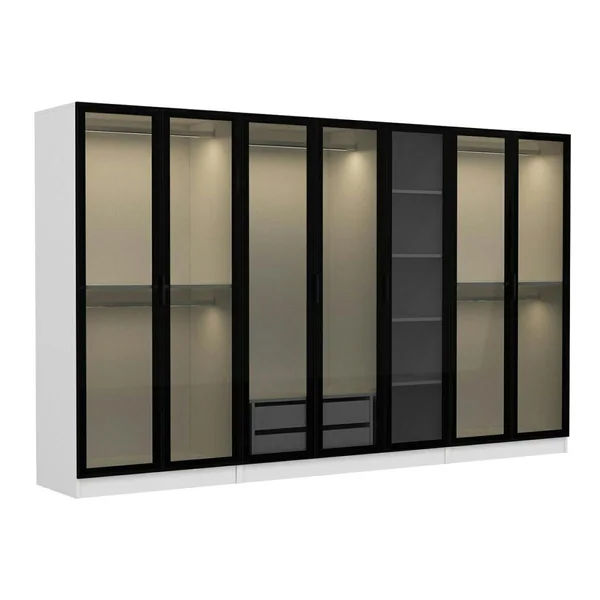 Dressing XXL 5 penderies, blanc & verre noir 190 cm BYRON