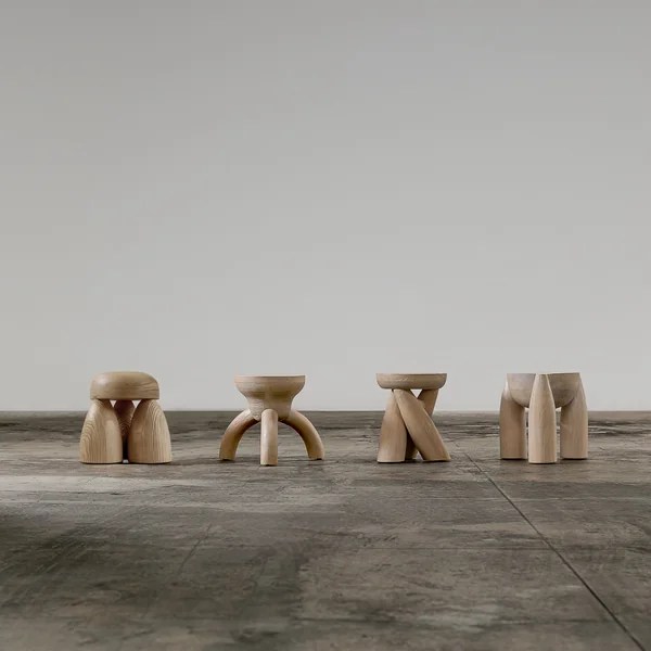 ELEMENTOS Set of Stools, Sandblasted Pine with Black Finish by Daniel Couttolenc