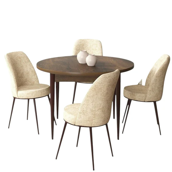 Ensemble table ronde Ø90 cm + 4 chaises beiges à motifs AROLA
