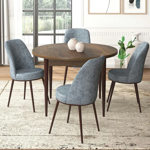 Ensemble table ronde Ø90 cm + 4 chaises gris clair à motifs AROLA