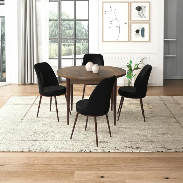 Ensemble table ronde Ø90 cm + 4 chaises noires AROLA