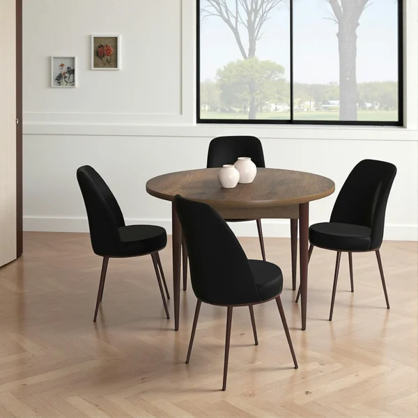 Ensemble table ronde Ø90 cm + 4 chaises noires AROLA