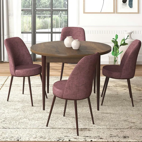 Ensemble table ronde Ø90 cm + 4 chaises roses à motifs AROLA