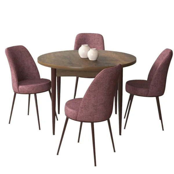 Ensemble table ronde Ø90 cm + 4 chaises roses à motifs AROLA