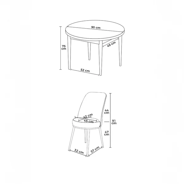 Ensemble table ronde Ø90 cm + 4 chaises roses à motifs AROLA