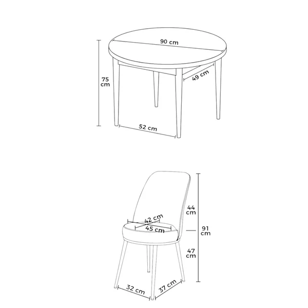 Ensemble table ronde Ø90 cm + 4 chaises taupe à motifs AROLA