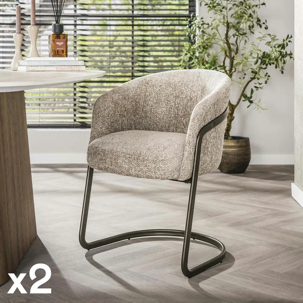 Fauteuil de table beige chenille pied luge bronze (lot de 2) ASCOLI