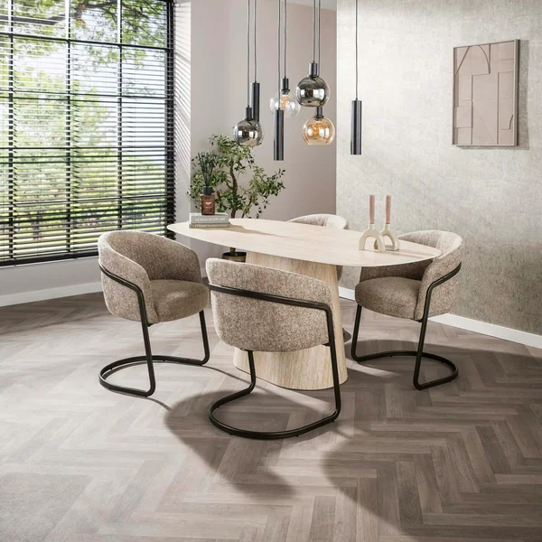 Fauteuil de table beige chenille pied luge bronze (lot de 2) ASCOLI
