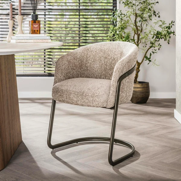 Fauteuil de table beige chenille pied luge bronze (lot de 2) ASCOLI