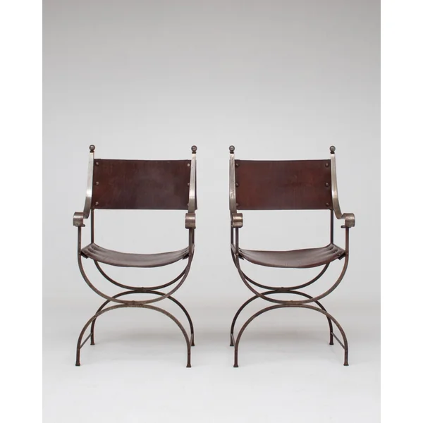 French pair of Iron Curule Chairs in Leather