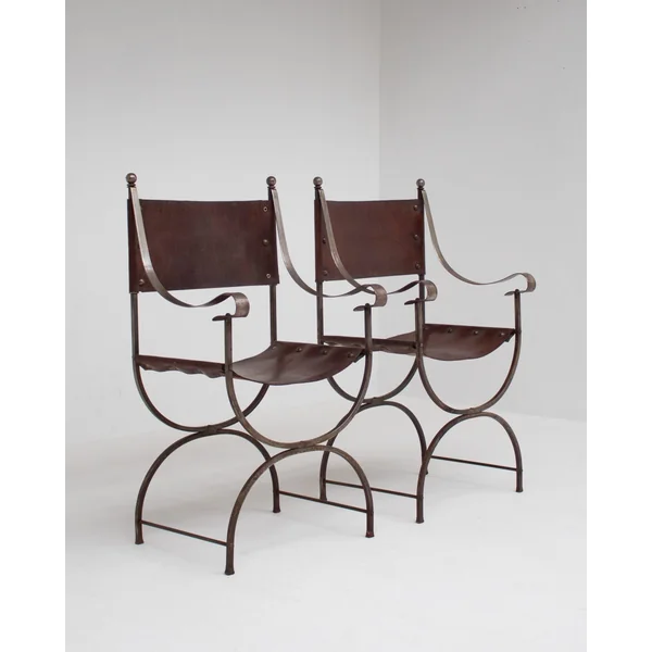 French pair of Iron Curule Chairs in Leather