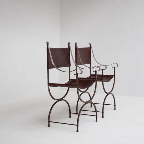 French pair of Iron Curule Chairs in Leather